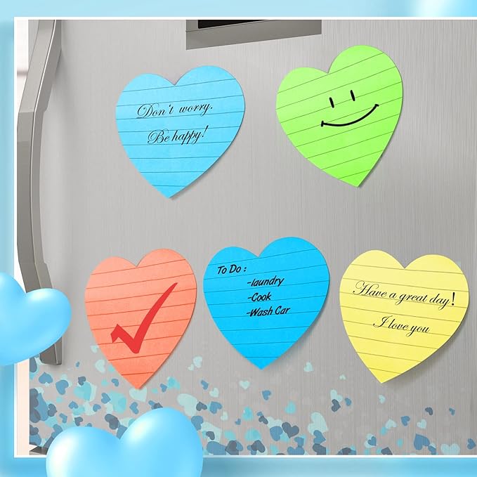 Teling 24 Pcs Heart Shape Lined Sticky Notes Cute Sticky Notes Bright Colorful Sticking Power Memo Pads Red Heart Self Notepads for Office School 3x3 Inch(Light Colors)