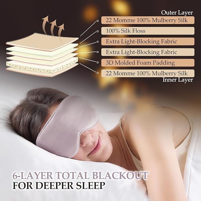 100% Mulberry Silk Sleep Mask for Unisex, 22 Momme 3D Silk Contoured Eye Mask, Breathable Light Blocking Blindfold with Adjustable Strap, Blackout Eye Cover for Travel, Dusty Purple