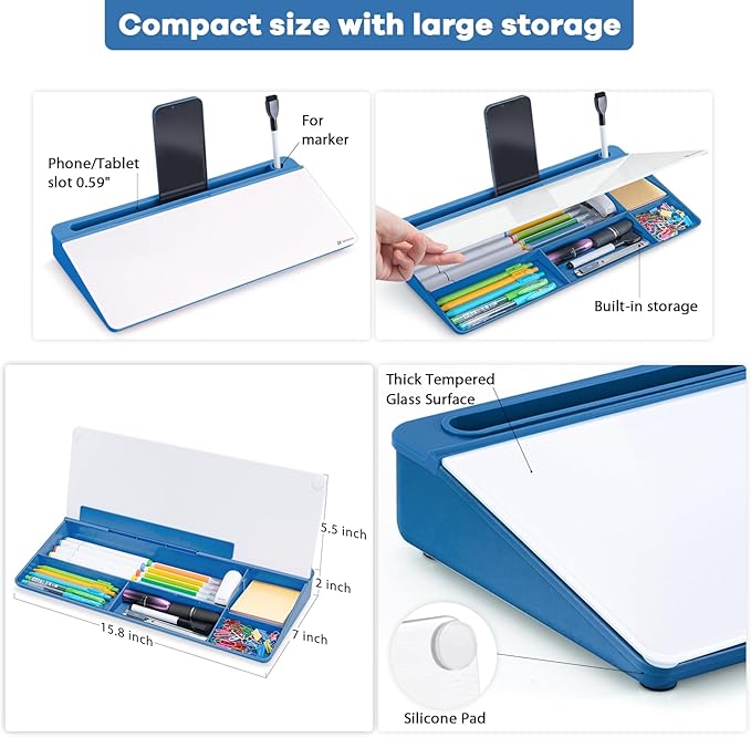 Varhomax Glass Desk Whiteboard with Storage, Desktop Organizer Dry Erase White Board to-do List Memo for Home Office and School Supplies (Blue)