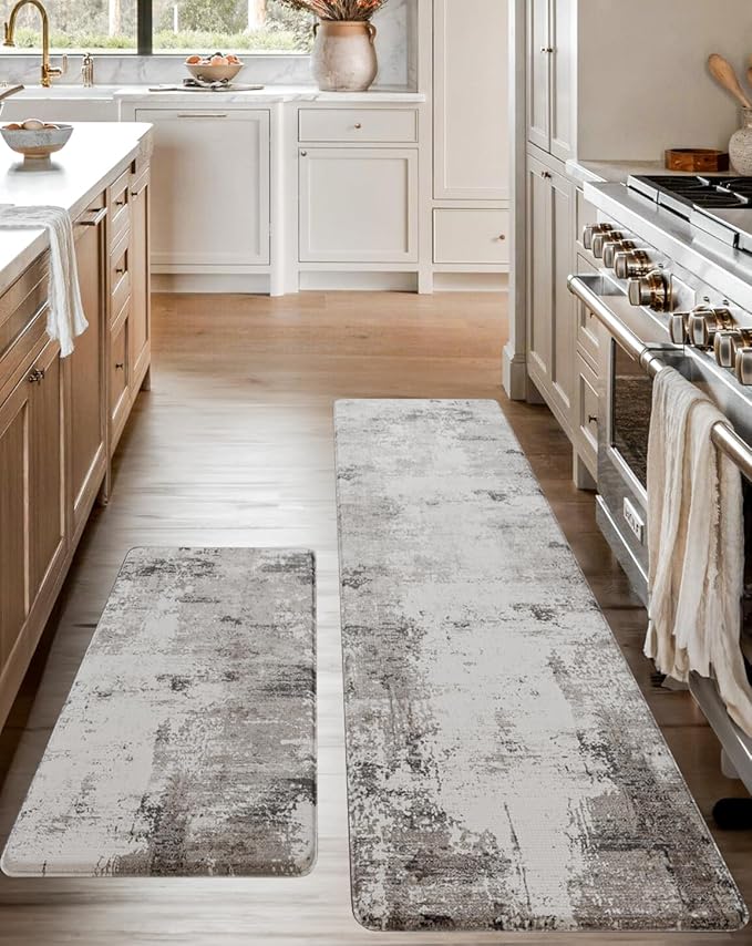 Anti-Fatigue Kitchen Mat Set – 2-Piece Memory Foam Cushioned Mats for Standing – Grant Beige, 18×30 & 18×60, 0.4 in Thick, Waterproof, Non-Slip – Homergy