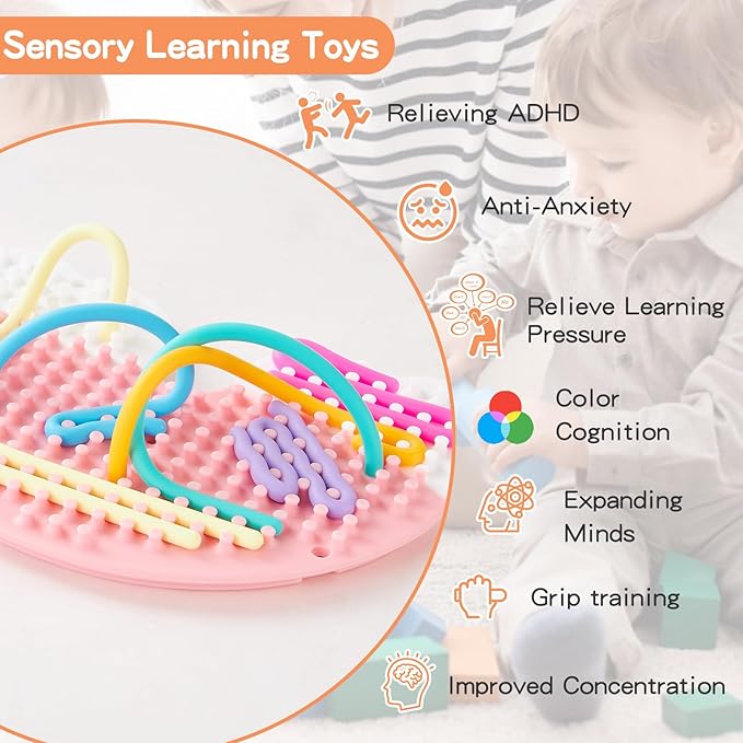 2 Pack Sensory Activity Board with 24 Random-Color Strings Fidget Toys for Kids, Sensory Toys for Kids with Autism, ADHD, Stress, Calming, Double-Sided Silicone Toys, Birthday
