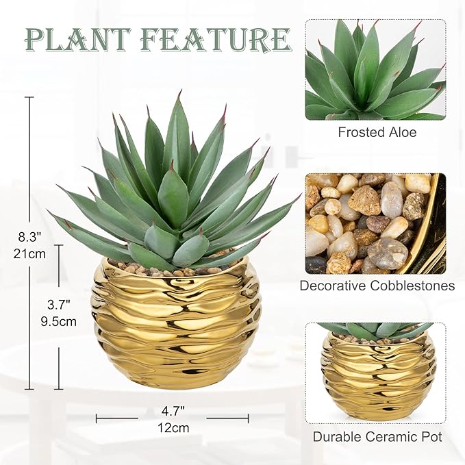 Briful Artificial Frosted Aloe Plant in Gold Ceramic Pot – 8.3” Tall Faux Succulent Agave with Decorative Pebbles – Realistic Indoor Decor for Office, Shelf, Desk, Living Room
