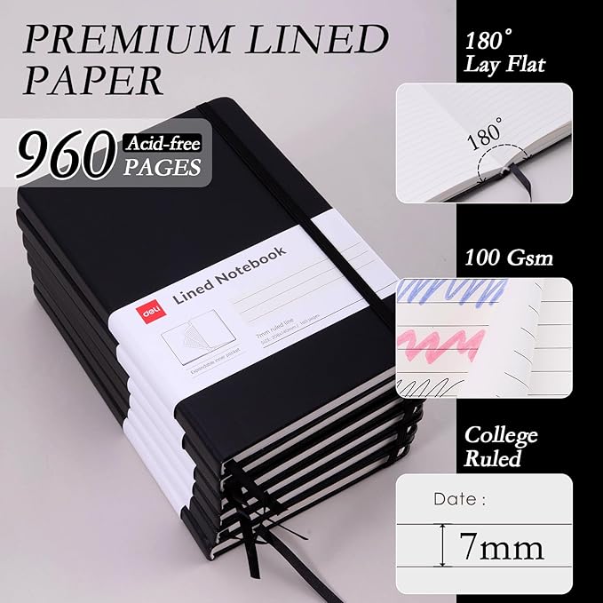 deli 6-Pack Black Lined Journal Notebook, 160 Pages Hardcover Writing Notebook, A5 (5.5"x8.2") College Ruled Notebook for Office, School, Work Notes