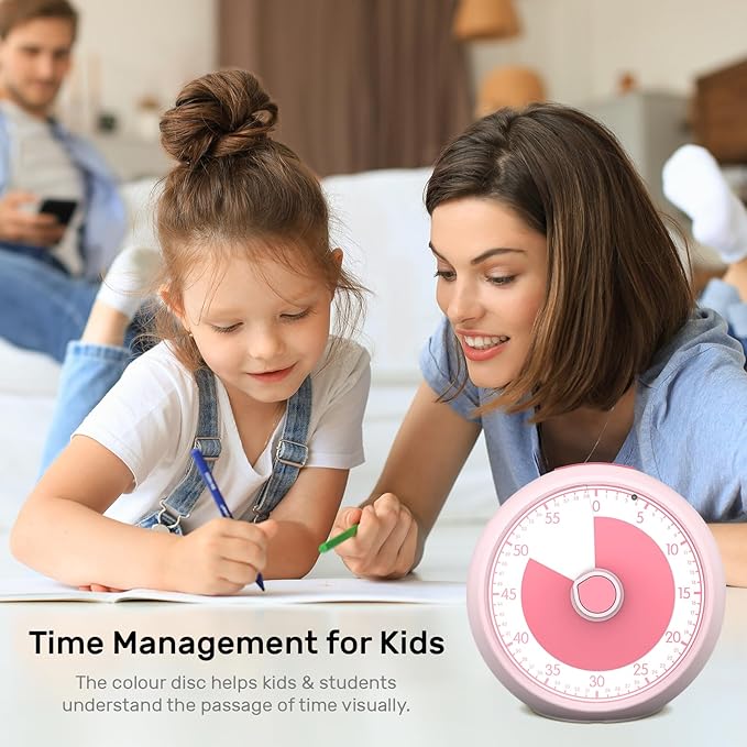 Visual Timer 60-Minute, Kids Timer for Homeschool Desk, Time Management Tools with Silent Operation, Timer for Kitchen Office Classroom(Pink)