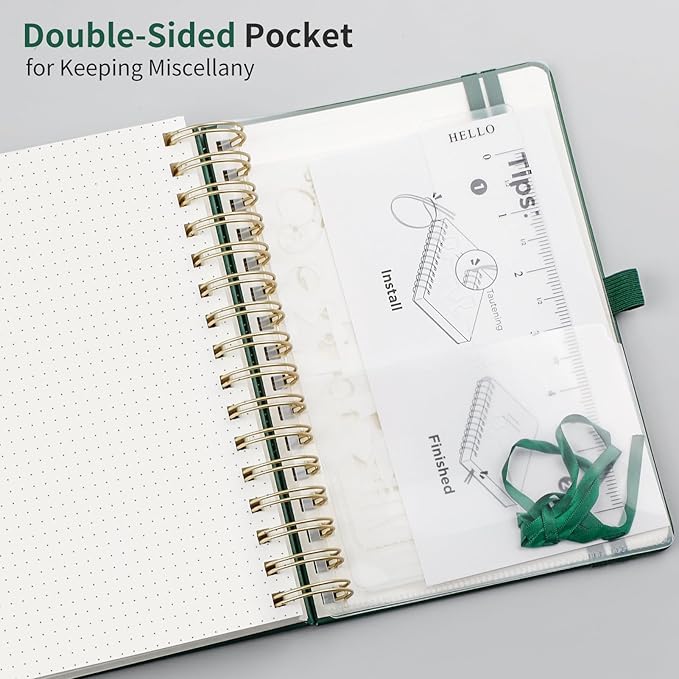 EMSHOI Bullet Dotted Journal Spiral Notebook - 300 Pages, A5 Hardcover Leather, 100 GSM Thick Dot Grid Notebook for Women Men Work Writing, Bullet Journaling, Drawing, 5.7" x 8.22", Dark Green