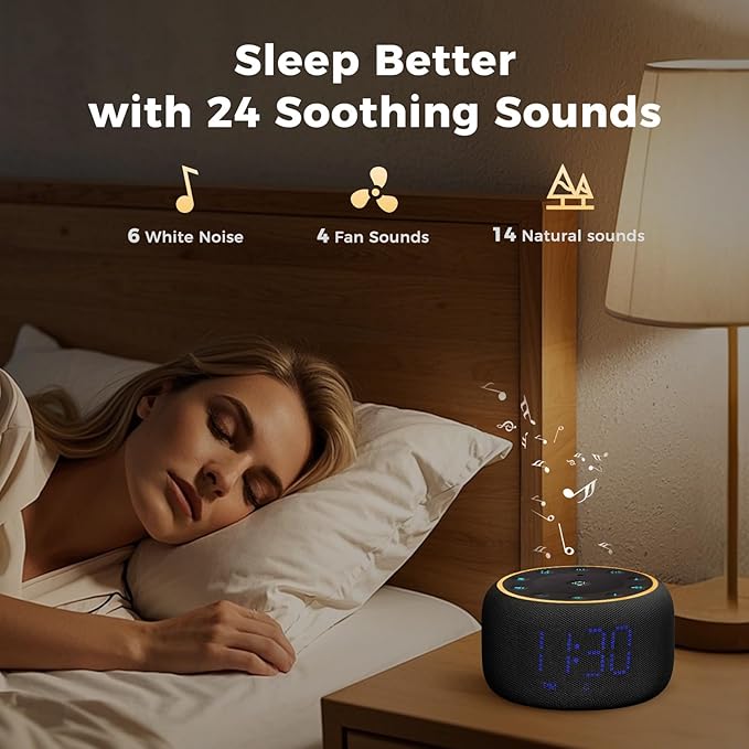 White Noise Machine Alarm Clock: Auto-Dimmable Clock for Bedrooms - 5W Stereo Bluetooth Speaker - Sound Machine with 24 Sleep Sounds for Adults Kids