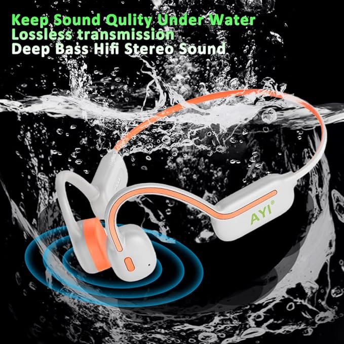 AYI Professional Swim Headphones True Bone Conduction Open Ear Headset MP3 Player Built-in 32G Memory IP68 Underwater Waterproof Bluetooth Earphone for Driving Bicycling Running Skiing-White