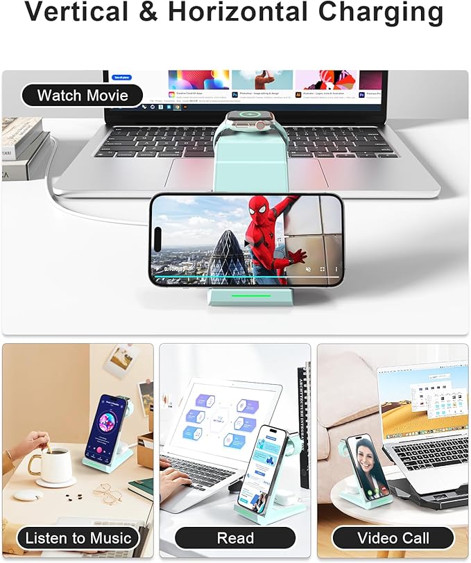 Wireless Charging Station for iPhone - ADADPU 3 in 1 Charger Stand for iPhone 17 16 15 14 13 12 11 Pro Max XR 8 Plus, Wireless Charging Dock for Apple Watch 9/8/7/SE/6/5/4/3/2, AirPods Pro/3/2 (Green)