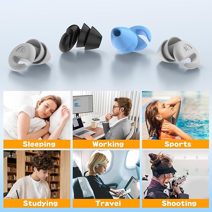 Ear Plugs for Sleeping Noise Cancelling, 38dB Noise Reduction Earplugs, Soft Silicone Reusable Hearing Protection Ear Plug, Waterproof Earplug Suitable for Sleep, Study, Travel, Concerts (3Pairs)