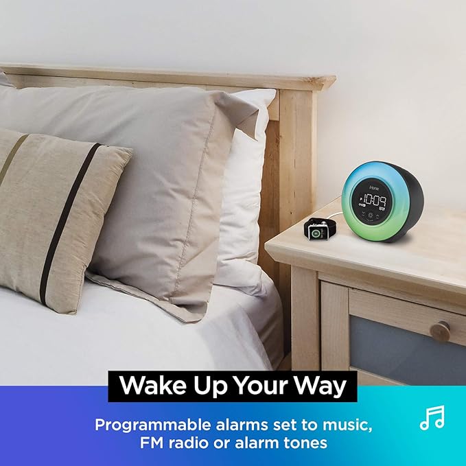 iHome PowerClock Glow FM Clock Radio with Bluetooth Speaker and USB Charger, Color Changing Digital Alarm Clock for Bedrooms or Home Office