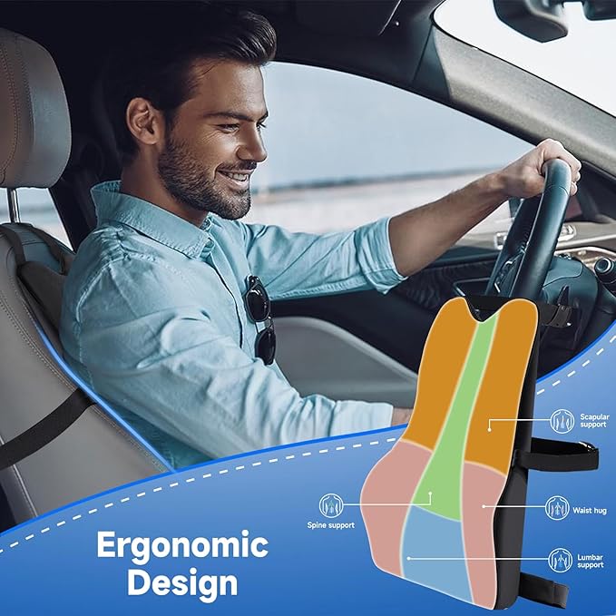 Lumbar Support Pillow for Car Improve Lower Back Pain Relief & Sitting Posture Back Support Memory Foam Back Cushion for Driving, Lumbar Comfort for Long Sitting, Truck with Three Adjustable Straps