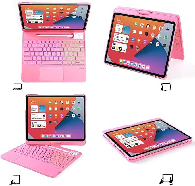Keyboard Case for iPad Air 13 inch M3 2025&M2 2024, Mulit Touchpad Backlight 360 Rotatable Cover Wireless Pencil Holder Pink