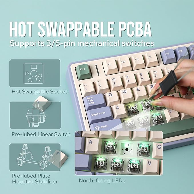 EPOMAKER x Aula F75 Gasket Mechanical Keyboard, 75% Wireless Hot Swappable Gaming Keyboard with Five-Layer Padding&Knob, Bluetooth/2.4GHz/USB-C, RGB (Green, Crescent Switch)