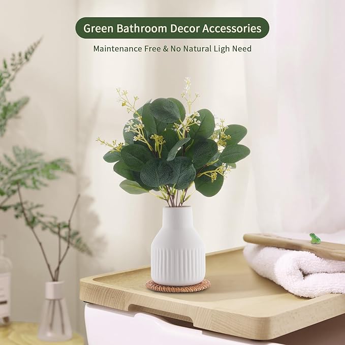 Artificial Eucalyptus Greenery Stems in Ceramic Vase,10Pcs Fake Plants Eucalyptus Leaves faux Plants for Centerpiece Table Decorations Home Room Decor office desk decor Greenery Decor indoor (White)