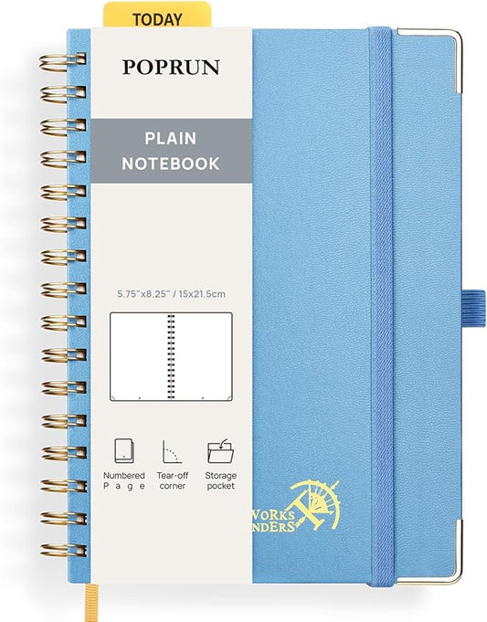 POPRUN Blank Journal Notebook, [A5-5.75'' x 8.25''] - 120 GSM Thick Paper, 141 Numbered Pages, Spiral Hardcover for Men & Women with Pocket, Index Tabs, 8 Perforated Sheets, Haze Blue
