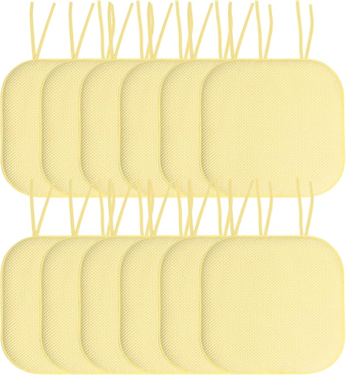 Sweet Home Collection Chair Cushion Memory Foam Pads with Ties Honeycomb Pattern Slip Non Skid Rubber Back Rounded Square 16" x 16" Seat Cover, 12 Pack, Yellow