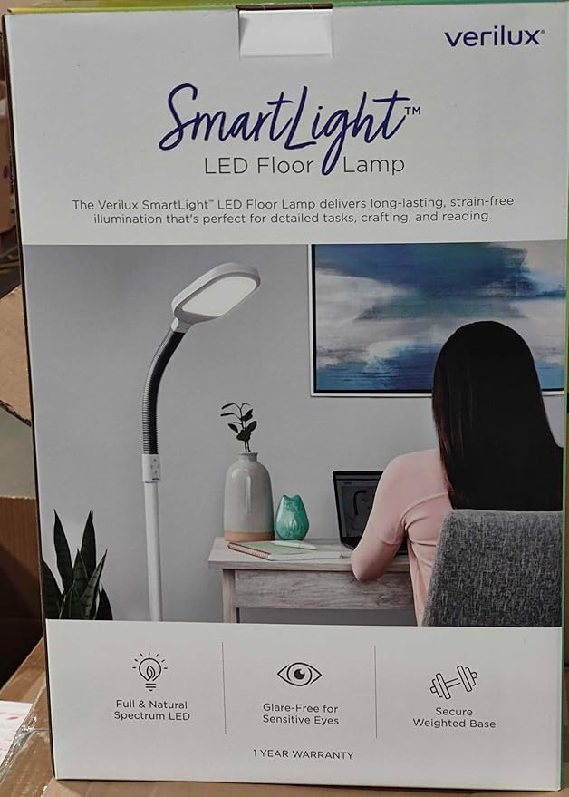 Verilux SmartLight Full Spectrum LED Modern Floor Lamp with Adjustable Brightness, Flexible Gooseneck and Easy Controls - Reduces Eye Strain and Fatigue - Ideal for Reading, Artists, Craft (White)