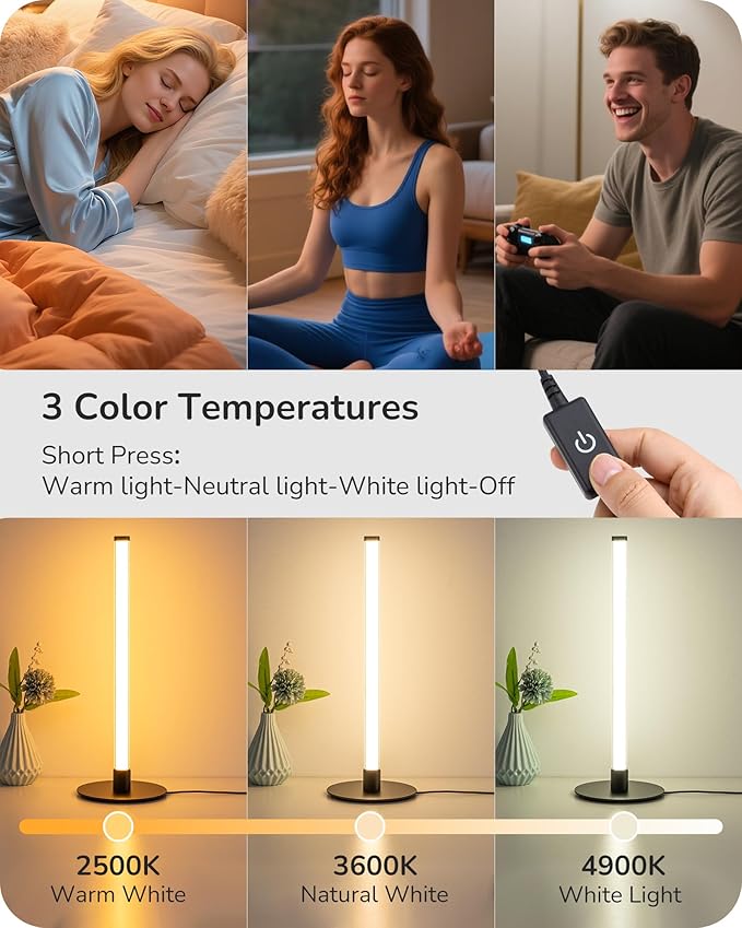 EDISHINE LED Table Lamp, Modern Slim Bedside Lamp with 360° Illumination, Stepless Dimming & 3 Color Temperature, Nightstand Lamp for Bedroom, Living Room, Black