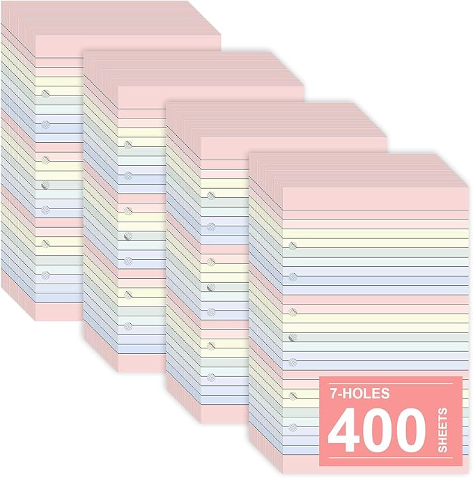 Colored Loose Leaf Paper 5.5" x 8.5" 7-Hole Lined Filler Paper College Ruled Notebook Refill Pad Pastel Colored Lined Refills Hole Punched Notebook Refills for 3 or 7 Ring Binders (400)