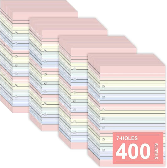 Colored Loose Leaf Paper 5.5" x 8.5" 7-Hole Lined Filler Paper College Ruled Notebook Refill Pad Pastel Colored Lined Refills Hole Punched Notebook Refills for 3 or 7 Ring Binders (400)