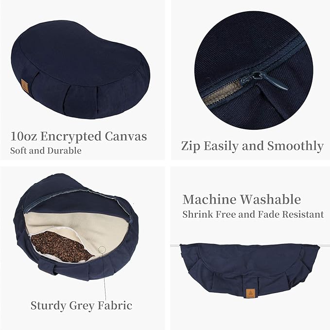 Crescent Zafu Meditation Pillow, D=17" W=11" H=5.5" Zabuton Yoga Bolster, Meditation Cushion, Floor Pouf Yoga Pillow Zippered Organic Cotton Cover Natural Buckwheat kneeling pillow - Large