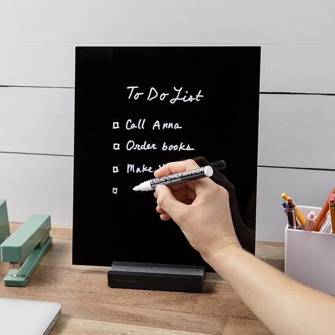Acrylic Black Dry Erase Board with Stand – 10"x12" Desk Whiteboard for Office, Home or School – Reusable Desk Blackboard with Marker – Portable Chalkboard Easel for Notes, Reminders & to-Do Lists