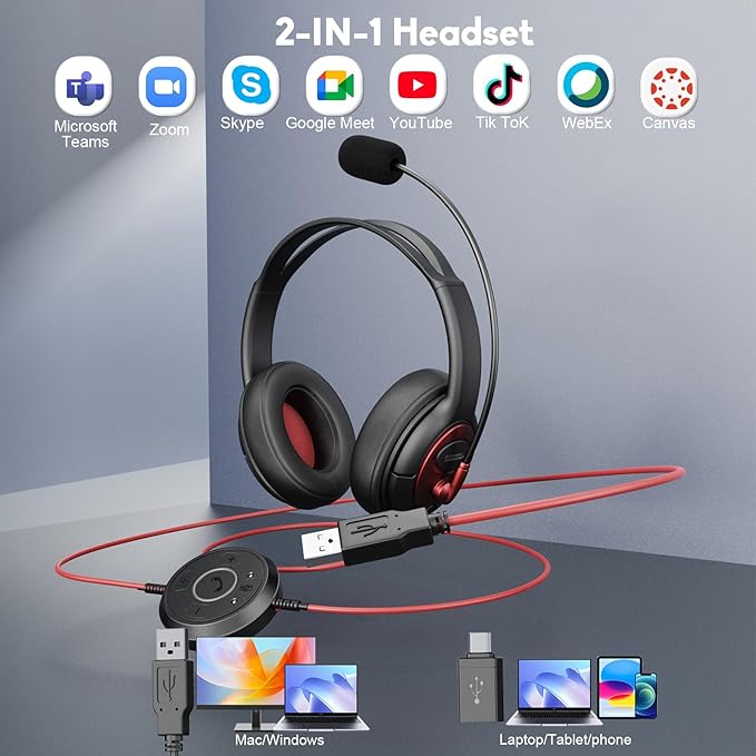 MAIRDI USB Headset with Microphone, Wired PC Headset, USB-A & USB-C Computer Headset with Mic Noise Canceling for Laptop Teams Office Work CallCenter Business Dragon Naturelly Speaking