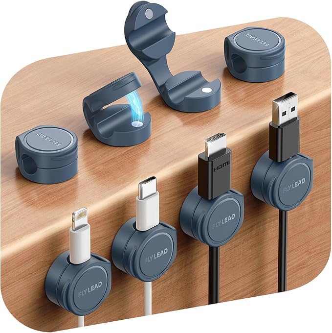8-Pack Silicone Cord Organizer Magnetic Cable Clips, Adhesive Cable Management Under Desk Wire Hider, FLYLEAD Desktop Cable Organizer for Phone, Office Workspaces Desk Organization Home Accessories