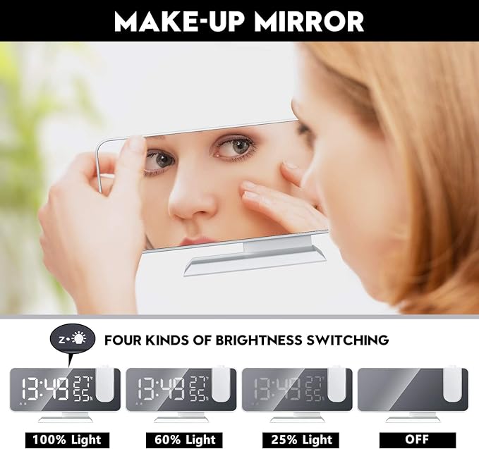 Projection Alarm Clock for Bedroom Ceiling Digital Clock Radio with USB Charger Ports, 7.3" Large LED Screen, 4 Dimmer, Dual Alarm Clock with 2 Sounds, Snooze, White