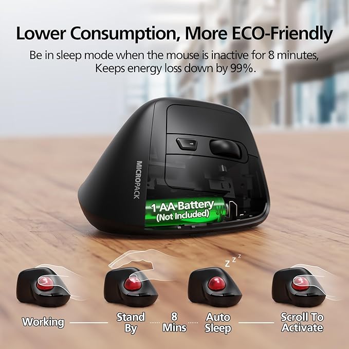 MicroPack Ergonomic Wireless Mouse with Trackball and 5 Adjustable DPI, Easy Thumb Control, Precise & Smooth Tracking. Update Bluetooth Medium-Sized Right Hand Mouse for Laptop, PC, Mac, Windows