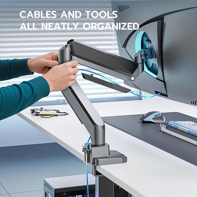 ARES WING Single Monitor Arm, Heavy Duty Adjustable Monitor Arm for 13"-49" Screens with USB, Gas Spring Desk Mount Stand with C Clamp/Grommet Mounting Base up to 40lbs Computer, Gray