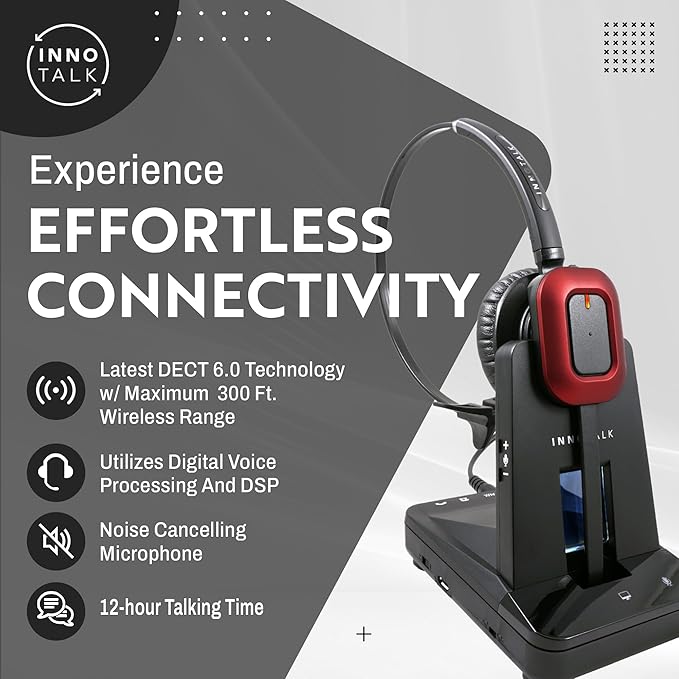 INNOTALK Computer and Desk Phone Wireless Headset for Office Phone and PC, Noise Canceling Handsfree Headset, 300-Foot Range Wireless, 12 Hours Talking