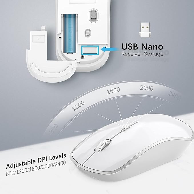 JOYACCESS Wireless Keyboard and Mouse, Ergonomic,Dustproof and Portable Wireless Keyboard with Number Keypad, Adjustable DPI Computer Mouse for Laptop,PC, Windows-Silver White