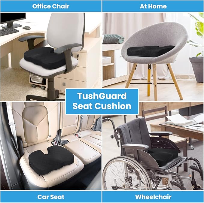 TushGuard Office/ Car Seat Cushion, Non-Slip Sciatica & Back Coccyx Tailbone Pain Relief Chair Pad, Memory Foam Butt Pillow for Computer Desk, Wheelchair, Driving (Black)