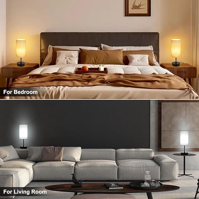 Ascher RGB Table Lamp Color Changing - 3 Color Temperatures and Stepless Dimmable Small Bedside Lamp for Bedroom, Touch Control Nightstand Light with Flaxen Shade for Reading Home Decor Lights