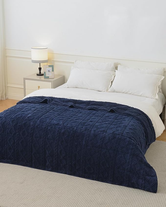 Topblan Weighted Blanket Twin Size 15 Pounds, Soft Weighted Blanket with Doubled-Sized Shaggy Sherpa, Jacquard Knitted Stylish Weighted Throw Blanket for Better Sleep, Navy Blue, 48 x 72 inches