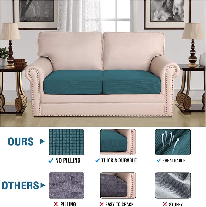 H.VERSAILTEX High Stretch Couch Cushion Covers,Chair Sofa Seat Slipcovers Couch Cushion Cover Stretch Furniture Protector for Kids, Pets(2 Packs Cushion Loveseat Covers, Deep Teal)