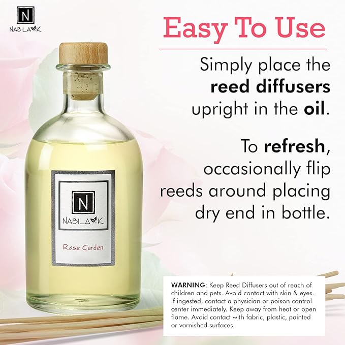 Nabila K Rose Garden Reed Diffuser Set – Damask Rose Aromatic Oil for Home – Long-Lasting, Smokeless Scent – Made in USA – Includes Reeds + Bottle – Flameless Candle Alternative