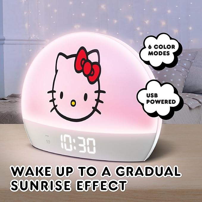Hello Kitty Sunrise Alarm Clock - Multicolor Lights, USB Charging, LED Display, and Snooze Function