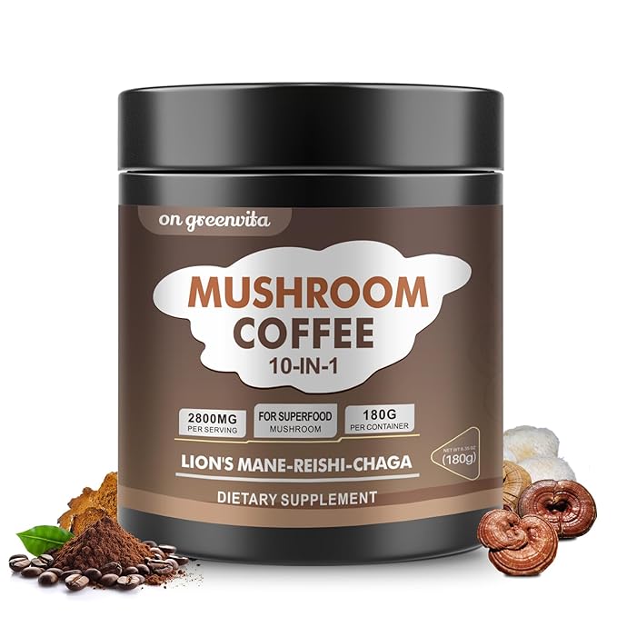 Mushroom Coffee - Lions Mane Mushroom Powder Instant Coffee with Lion's Mane, Reishi, Chaga, Cordyceps, and Turkey Tail - Alternative for Energy, Mental Clarity & Focus, Brain Booster 6.35oz