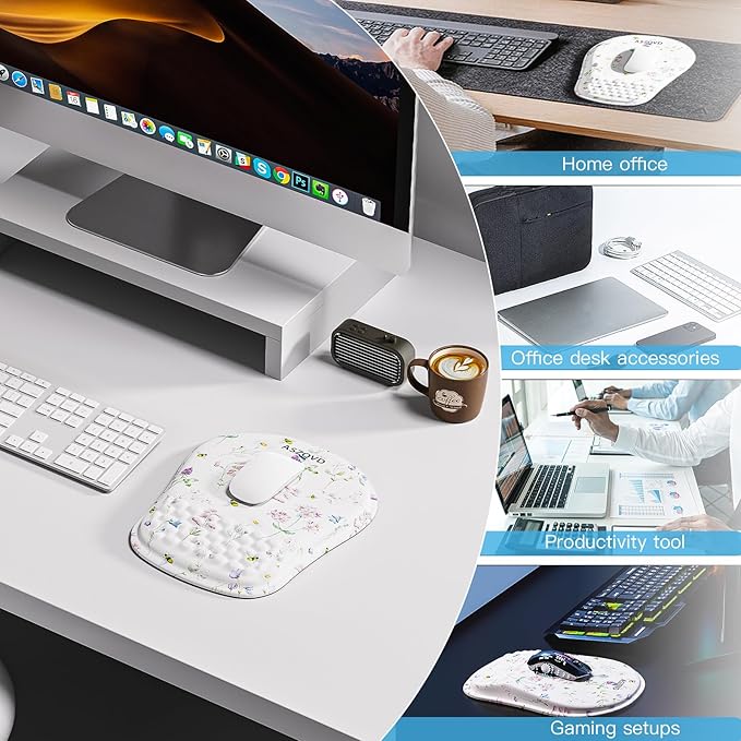 Mouse Pad with Wrist Rest, Ergonomic Mousepads with Wrist Support, Soft Lycra Fabric Memory Foam Office Desk Accessories for Comfort/Pain Relief/PC Gaming/Computer/Laptop (White Wild Plant)