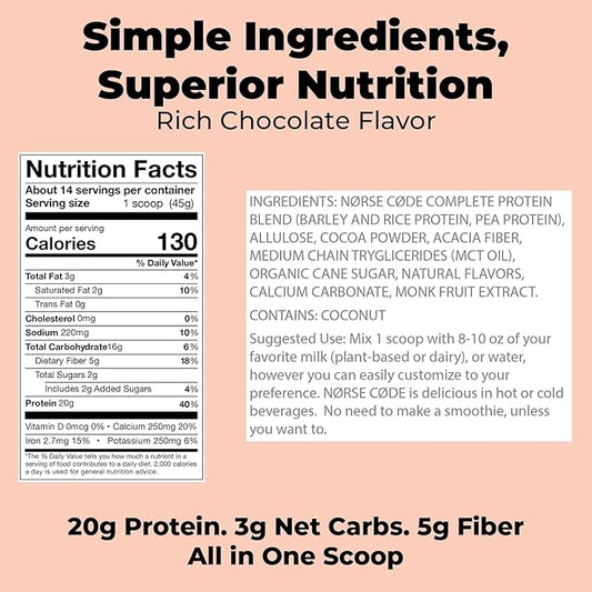 Chocolate Plant-Based Protein Powder – 20g Protein, Vegan, Keto, Dairy-Free, Low Sugar, Fiber, Upcycled Barley, Rice & Pea Protein – 1.39 lbs [14 Servings]