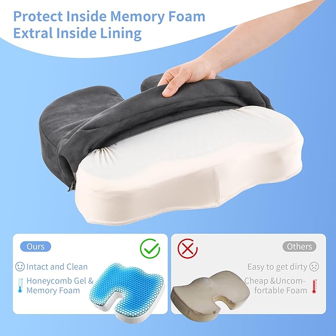 Seat Cushion for Office Chair, Gel & Memory Foam Chair Cushion, Sciatica & Coccyx Pain Relief Cushion for Long Sitting Office Workers, Car Drivers