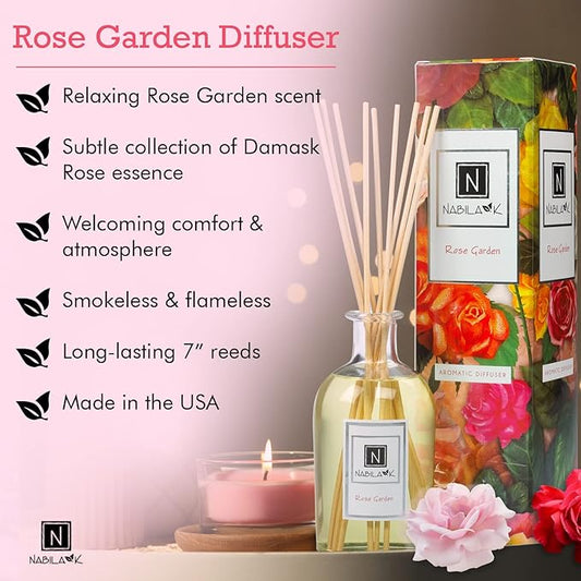 Nabila K Rose Garden Reed Diffuser Set – Damask Rose Aromatic Oil for Home – Long-Lasting, Smokeless Scent – Made in USA – Includes Reeds + Bottle – Flameless Candle Alternative