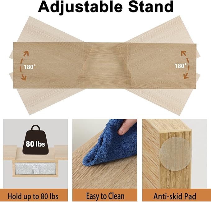 TEAMIX 3 Shelf Monitor Stand Riser with Drawer-Length and Angle Adjustable Dual Monitor Riser with Storage Corner Desk Shelf Organizer Large Computer Stand for 2 Monitors/Laptop (Maple, 1 Drawer)