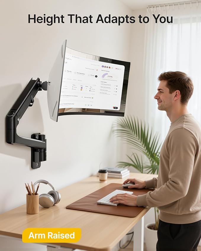 monTEK Monitor Wall Mount for 17-57“ up to 59.4 lbs Ultrawide Screens, Single Heavy-Duty Aluminum Gas Spring Monitor Arm with Full Motion Adjustment, VESA 75x75/100x100 Compatible, Black