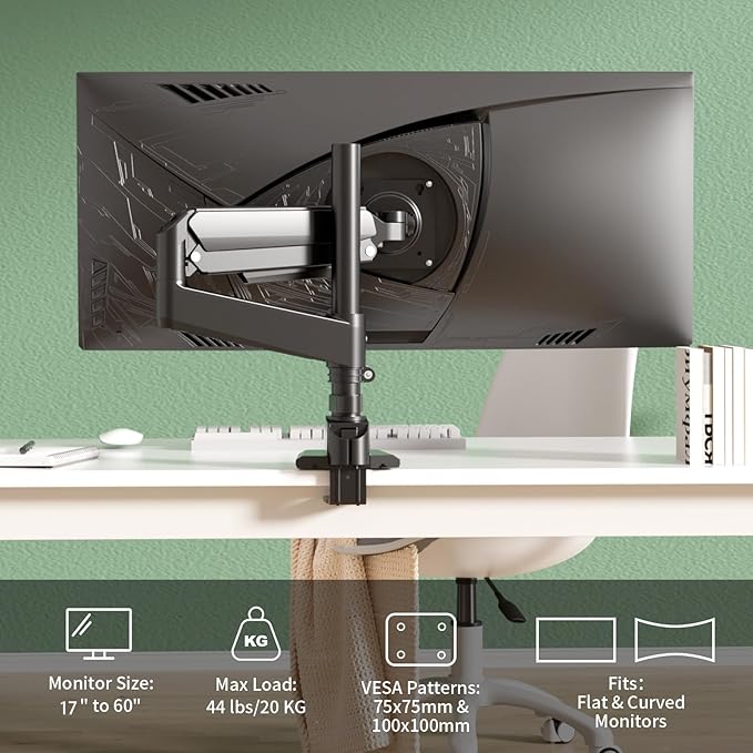 Monitor Arm for 17 to 60 inch, Hold 44 lbs, Fully Adjustable Heavy Duty Desk Mount, Monitor Stand Fit 57 55 49", Ultrawide Monitors Bracket Clamp/Grommet Base VESA 75x75/100x100, Black,H9B