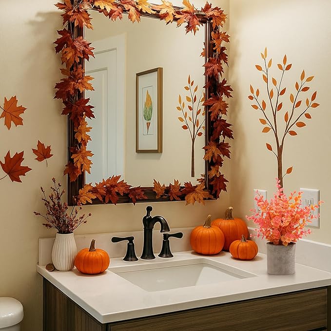 2 Pack Fall Small Fake Plants Eucalyptus Potted Artificial Plants Fall Decorations for Home Shelf Office Bathroom Desk Farmhouse Room Coffee Table Decor Fall Decor (Fall Orange)