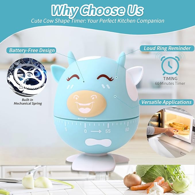 Mechanical Kitchen Timer, Cute Wind Up 60-Minute Manual Countdown for Kids, Classroom, Home, Study and Cooking