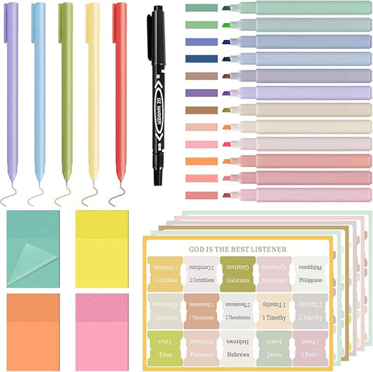 28 Pcs Bible Study Supplies, Journaling Kit for Women, Morandi Bible Study Kit with Pastel Highlighters and Tabs, Pens, Sticky Notes, Annotation Kit